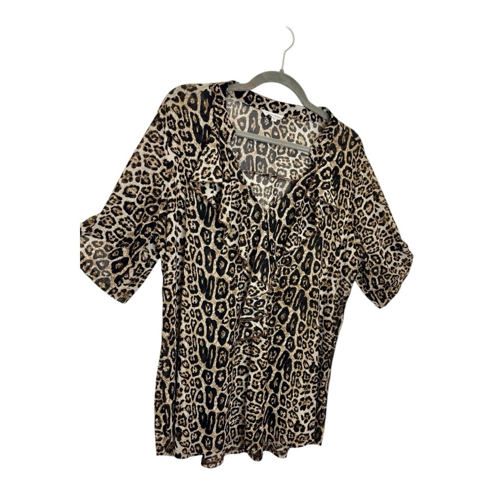 Siren Lily Brown Tan Leopard Animal Print Ruffle Blouse Baddie Indie Flowy 2X - Picture 2 of 5